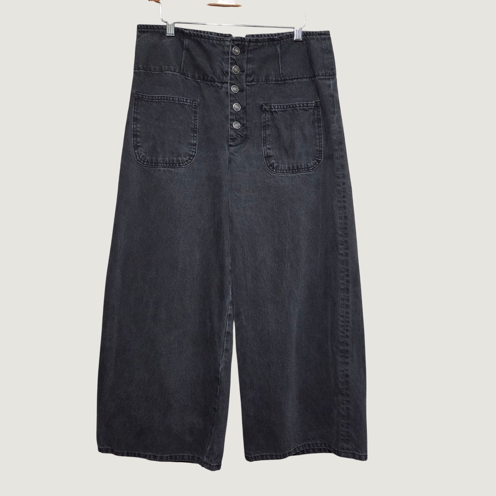 Free People High Rise Wide Leg Cinch Back Jeans Black W31 OB890921
